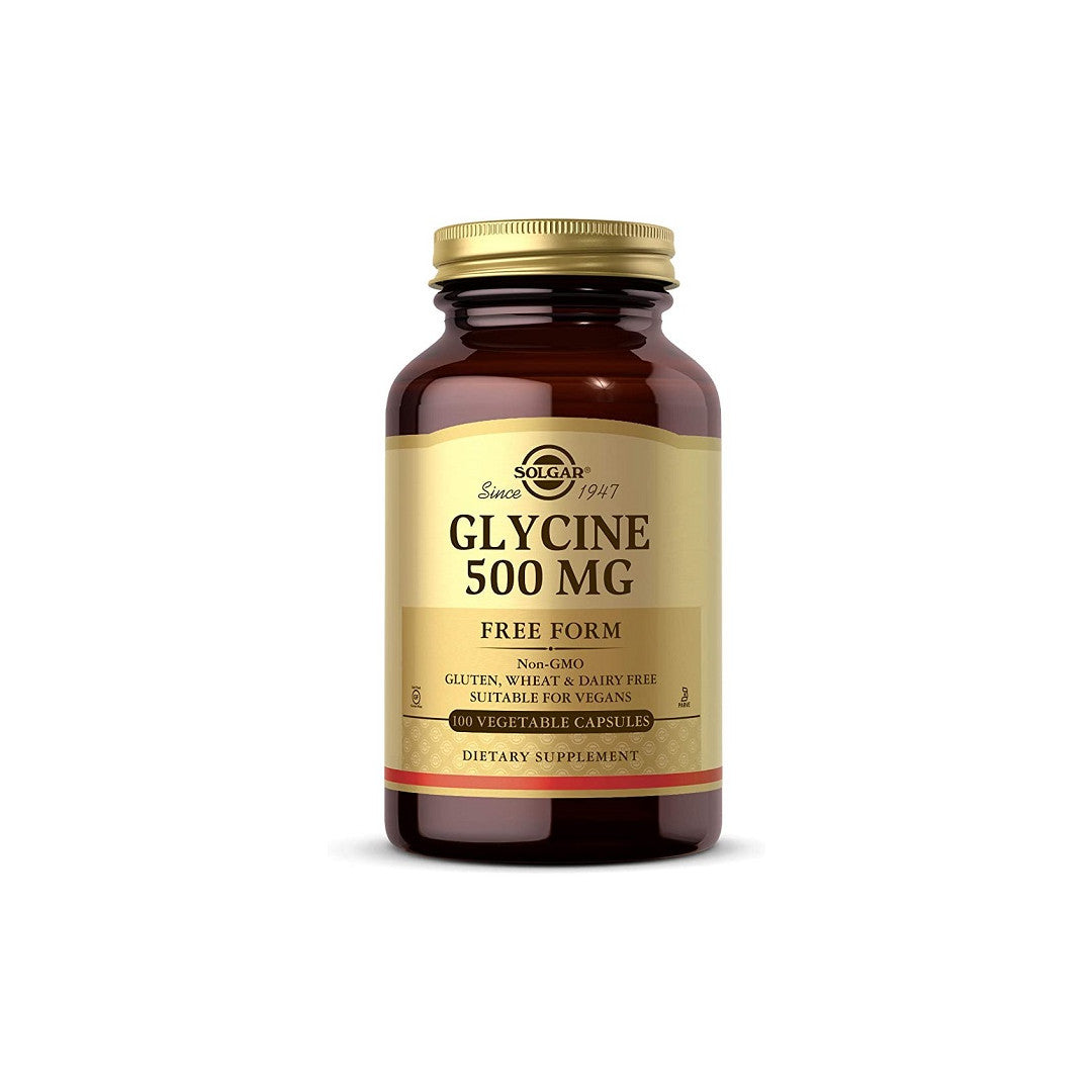 Un flacone di Solgar Glycine 500 mg 100 Capsule Vegetali su uno sfondo bianco.