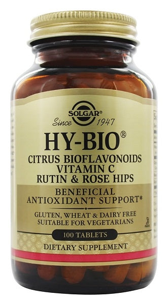Un flacone di Solgar Hy-Bio 100 compresse (500 mg di vitamina C con 500 mg di bioflavonoidi), rutina e fianchi.