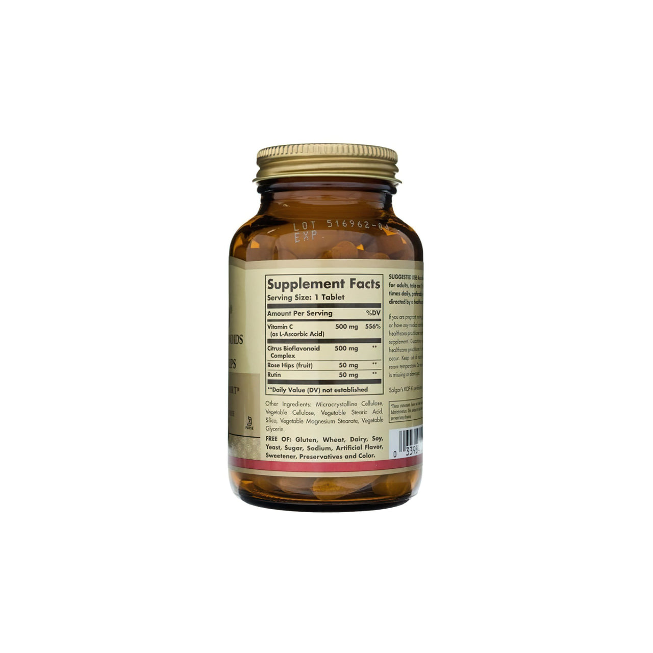Un flacone di Solgar Hy-Bio 100 compresse (500 mg di vitamina C con 500 mg di bioflavonoidi) su uno sfondo bianco.