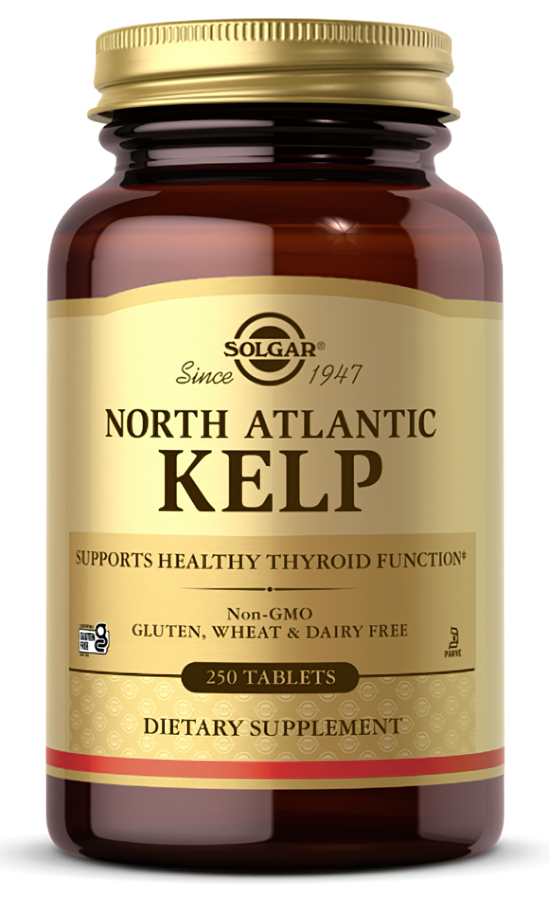 Un flacone di Solgar North Atlantic Kelp 200 mcg 250 Compresse, ricche di iodio per sostenere una tiroide sana.