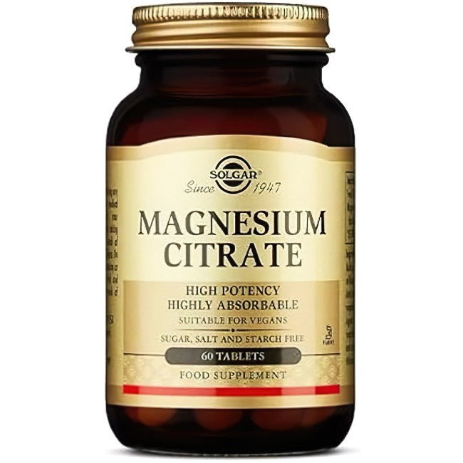 A brown bottle with a gold cap labeled "Solgar Magnesium Citrate, 400 mg, 60 Tablets, High Potency, Highly Absorbable, Suitable for Vegans." The label highlights its support for bone health and cardiovascular health while clearly stating it is free from sugar, salt, and starch.