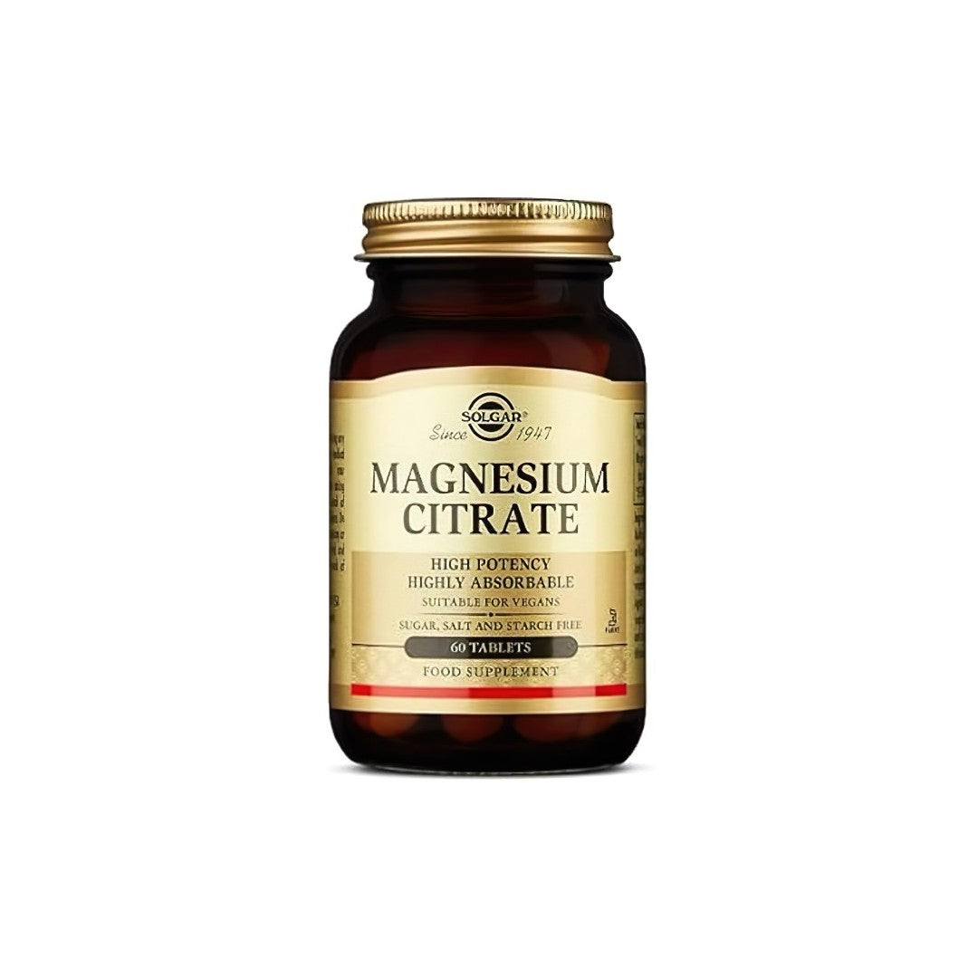 A bottle of Solgar Magnesium Citrate 400 mg dietary supplement with a gold cap, labeled as high potency and highly absorbable, supports bone health and cardiovascular health, containing 60 tablets.