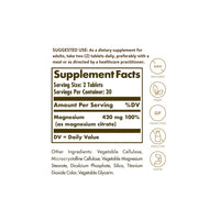 Miniatura di un'etichetta che mostra gli ingredienti dell'integratore Solgar's Magnesium Citrate 420 mg 60 tabs.