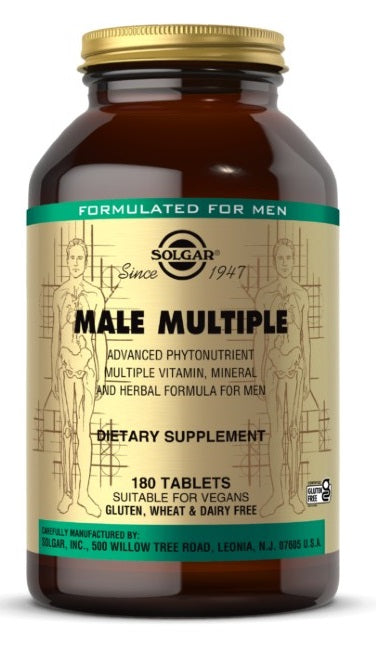 Un flacone di Solgar Male Multiple Multivitamins & Minerals for Men 180 Tablets.