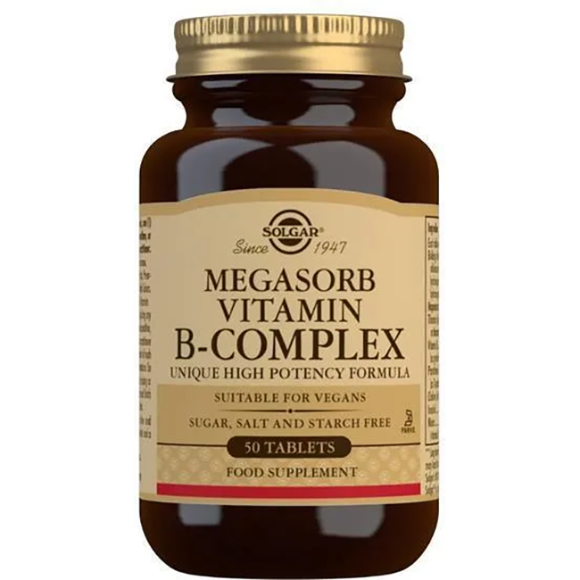 The Solgar Megasorb Vitamin B-Complex 50 Tablets is a dietary supplement in a brown bottle designed for vegans. This formula, free from sugar, salt, and starch, provides essential B vitamins to support optimal health.