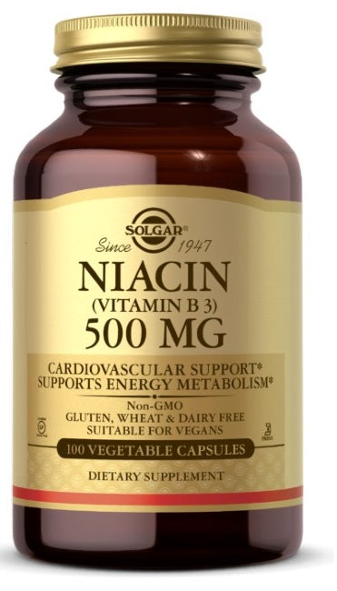 Un flacone di Solgar Niacina Vitamina B3 500 mg 100 Capsule Vegetali che supporta la salute cardiovascolare e aiuta a regolare i livelli di lipidi nel sangue.