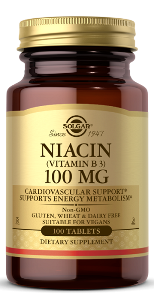 Un flacone di Solgar Niacina Vitamina B-3 100 mg 100 compresse per la salute del sistema nervoso e il metabolismo energetico.