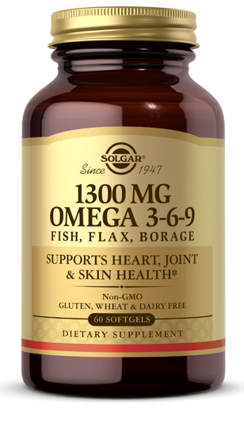 Un flacone di Solgar Omega 3-6-9 60 sgel, ricco di acidi grassi essenziali e distillato molecolarmente.