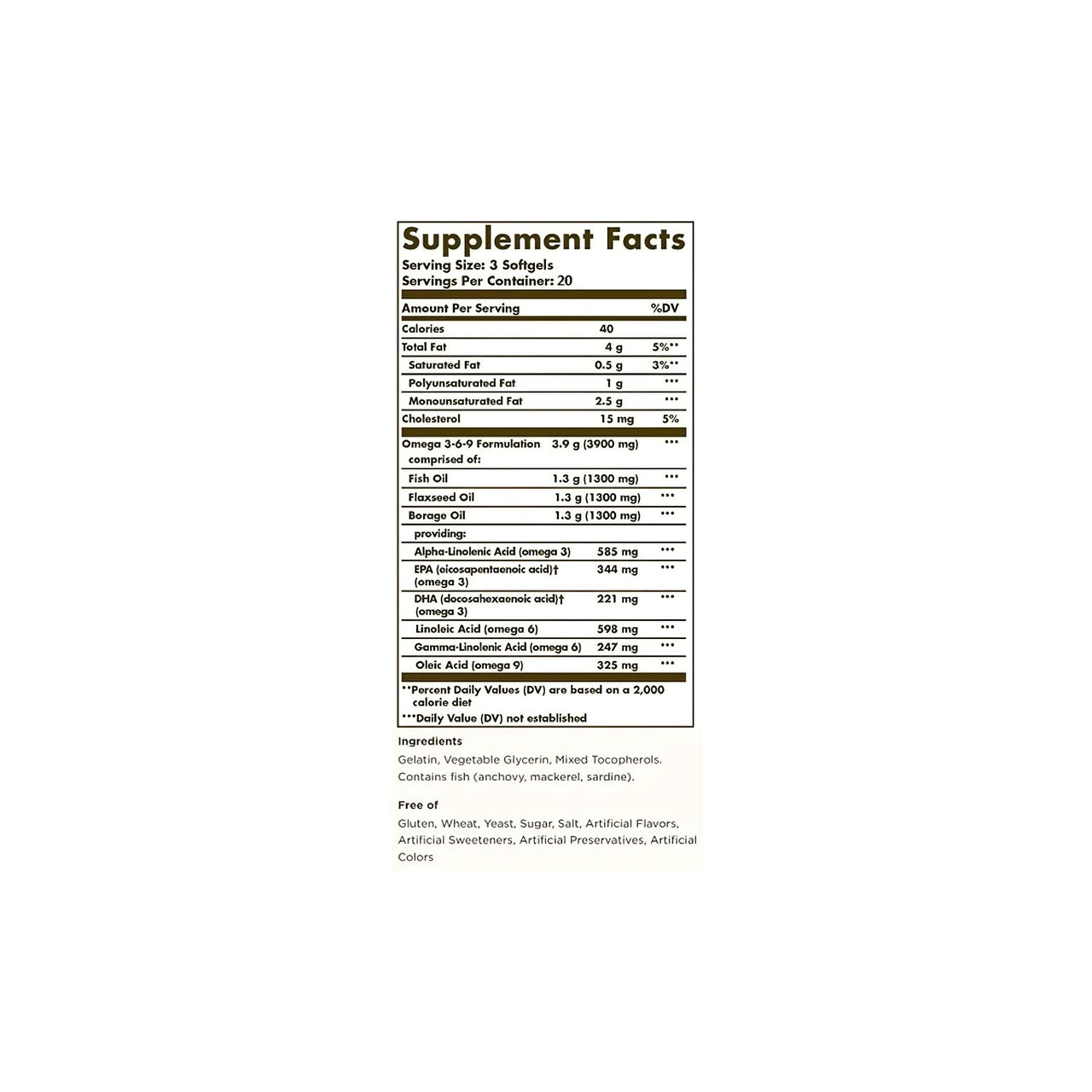 Etichetta di un integratore alimentare Solgar con acidi grassi essenziali e Omega 3-6-9 60 sgel su sfondo bianco.