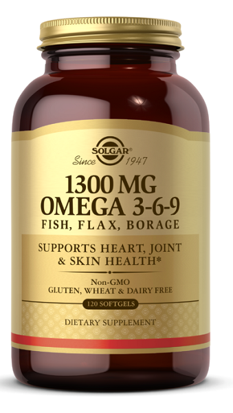 Un flacone di Solgar Omega 3-6-9 1300 mg 120 Softgels, ricco di acidi grassi omega-3.