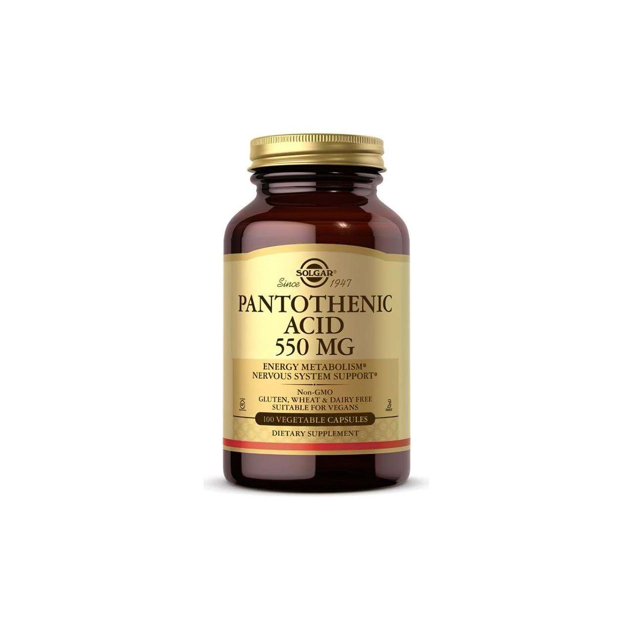 Solgar Integratore alimentare di Acido Pantotenico 550 mg in capsule, contenente 200 mg di acido pantotenico.