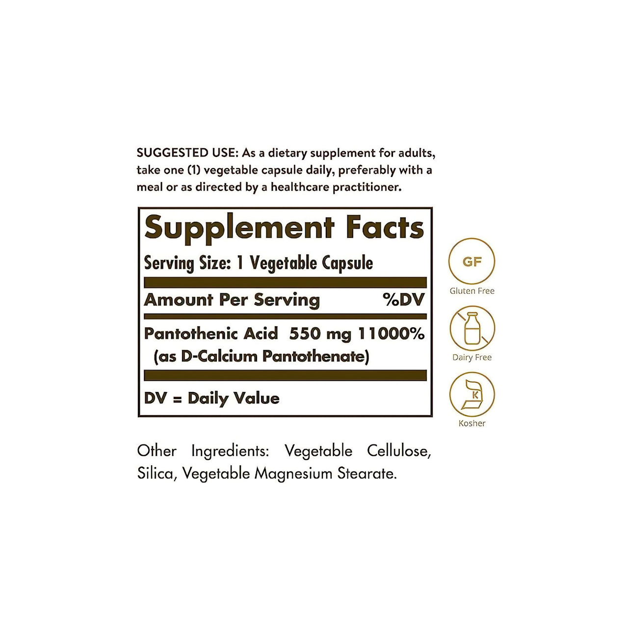 L'etichetta di Solgar mostra gli ingredienti di un integratore alimentare, tra cui Acido Pantotenico 550 mg 100 Capsule Vegetali.