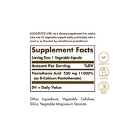 Miniatura di un'etichetta di Solgar che mostra gli ingredienti di un integratore alimentare, tra cui Acido Pantotenico 550 mg 100 Capsule Vegetali.