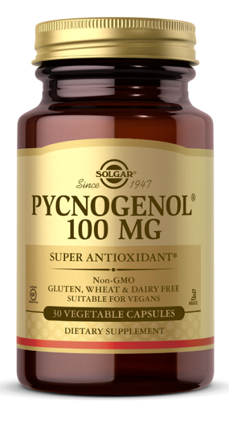 Un flacone di Solgar Pycnogenol 100 mg 30 capsule vegetali, che promuove la salute del cervello.