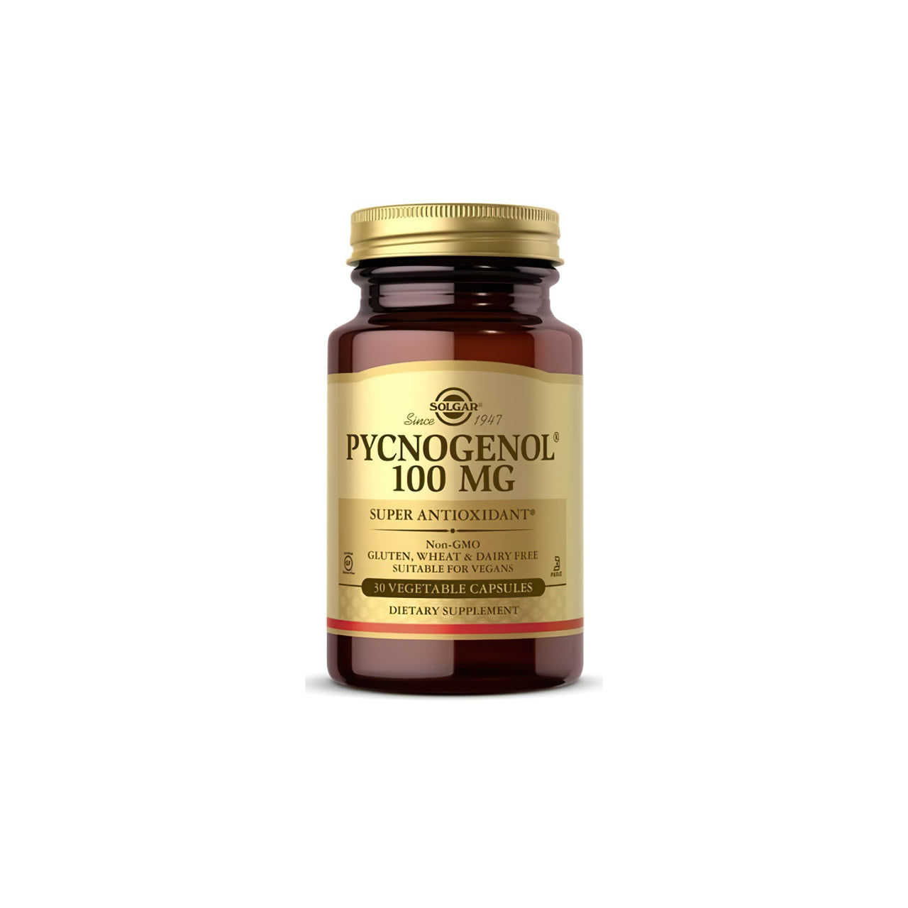 Un flacone di Solgar Pycnogenol 100 mg 30 capsule vegetali, che promuove la salute del sistema circolatorio e del cervello.
