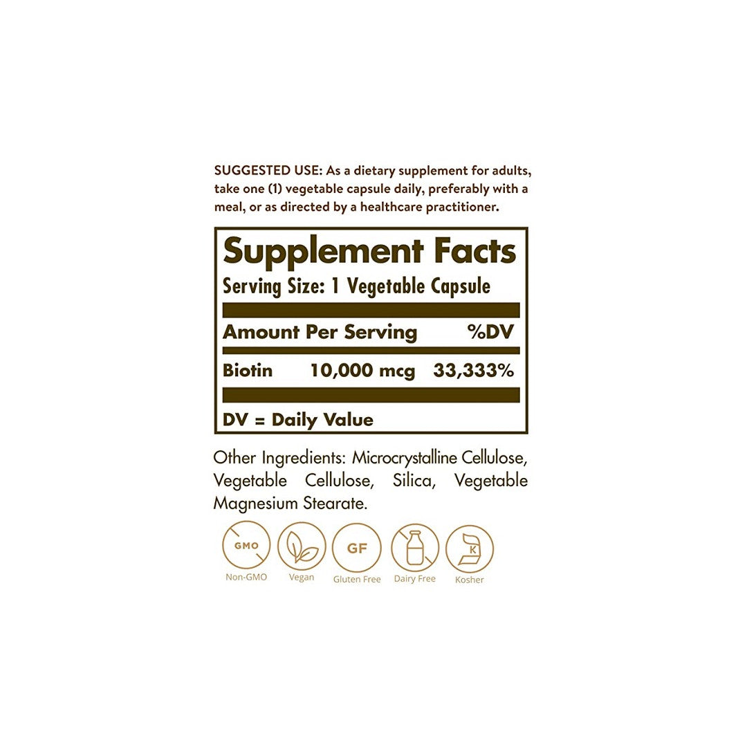 Un'etichetta che mostra gli ingredienti dell'integratore alimentare Solgar's Biotin 10000 mcg 60 Vegetable Capsules.