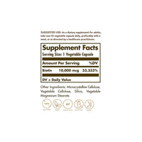 Miniatura di un'etichetta che mostra gli ingredienti dell'integratore alimentare Solgar's Biotin 10000 mcg 60 Vegetable Capsules.