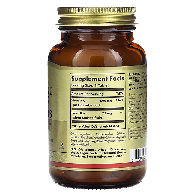 A brown bottle of Solgar Vitamin C 1000 mg with Rose Hips contains 100 tablets, enriched with antioxidant-rich rosehip, featuring supplement facts and dosage instructions on the label.