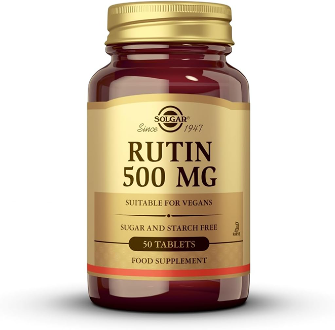 The brown bottle of "Rutin 500 mg 50 Tablets" from Solgar contains a flavonoid-rich product known for its antioxidant properties. It is suitable for vegans and free from sugar and starch.