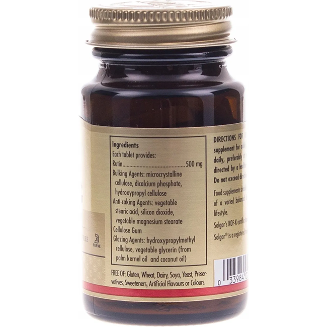 The Solgar Rutin 500 mg 50 Tablets come in a brown bottle with a gold lid, featuring a label that details ingredients and supplement information. It emphasizes its rich content of rutin, known for being a powerful flavonoid and antioxidant. This product is free from gluten, wheat, dairy, and other allergens.