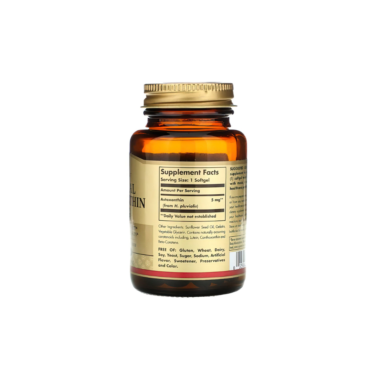 Un flacone di vitamina C ricca di antiossidanti, potenziata con il potente ingrediente per la cura della pelle Solgar Natural Astaxanthi 5 mg 30 softgel, visualizzato su un nitido sfondo bianco.