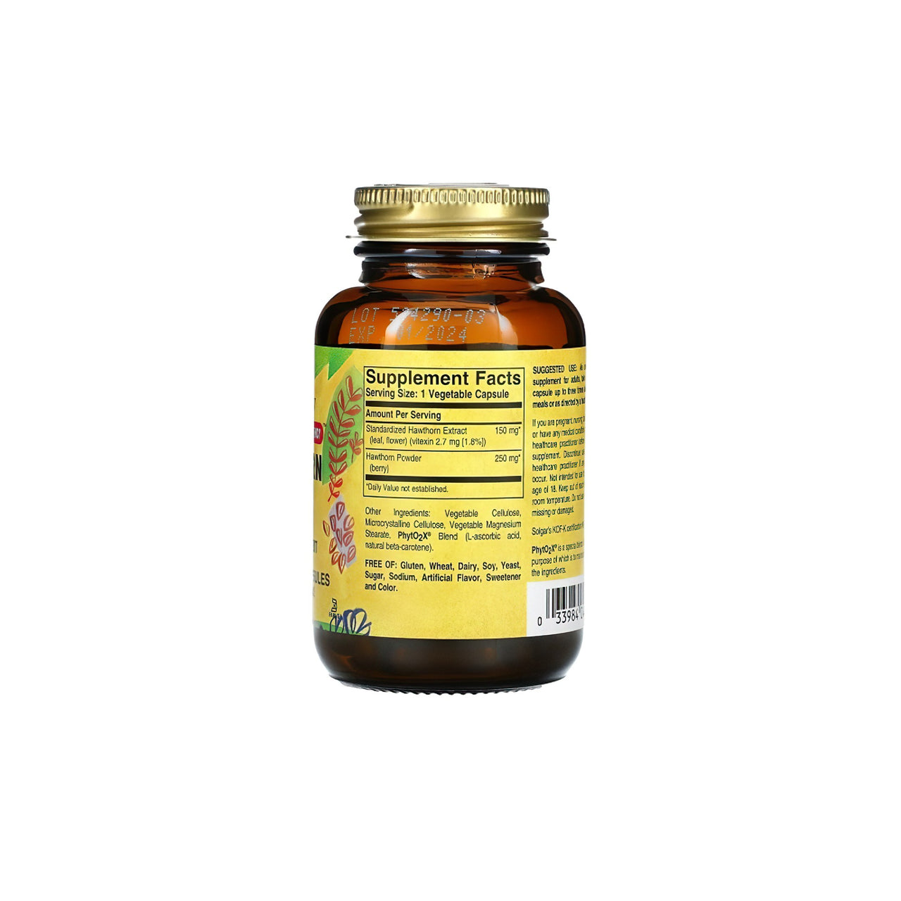 Un flacone di Solgar Hawthorne Herb Extract, 60 capsule vegetali su sfondo bianco.