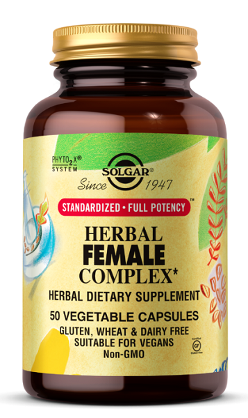 Un flacone di Solgar Herbal Female Complex, contenente 50 capsule vegetali.