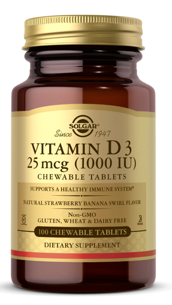 Solgar Vitamina D3 1000 UI 100 compresse masticabili al gusto naturale di fragola e banana, essenziale per la salute del sistema immunitario, delle ossa e dei denti.