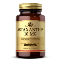 Thumbnail for Solgar's Astaxanthin 10 mg is available in a package of 30 softgels, providing benefits like skin hydration and antioxidant support. The product is labeled as non-GMO and free from gluten, wheat, and dairy.