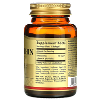 Thumbnail for The Solgar Astaxanthin 10 mg, available in a bottle of 30 softgels, comes in brown with a gold cap. The label emphasizes astaxanthin, known for its potent antioxidant properties that aid in skin hydration. This product is formulated without gluten, wheat, and dairy.