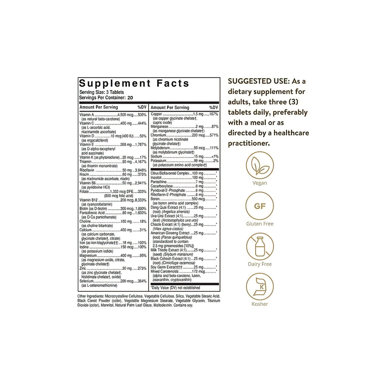 Un'etichetta che mostra gli ingredienti dell'integratore Solgar's Female Multiple 60 Tablets.