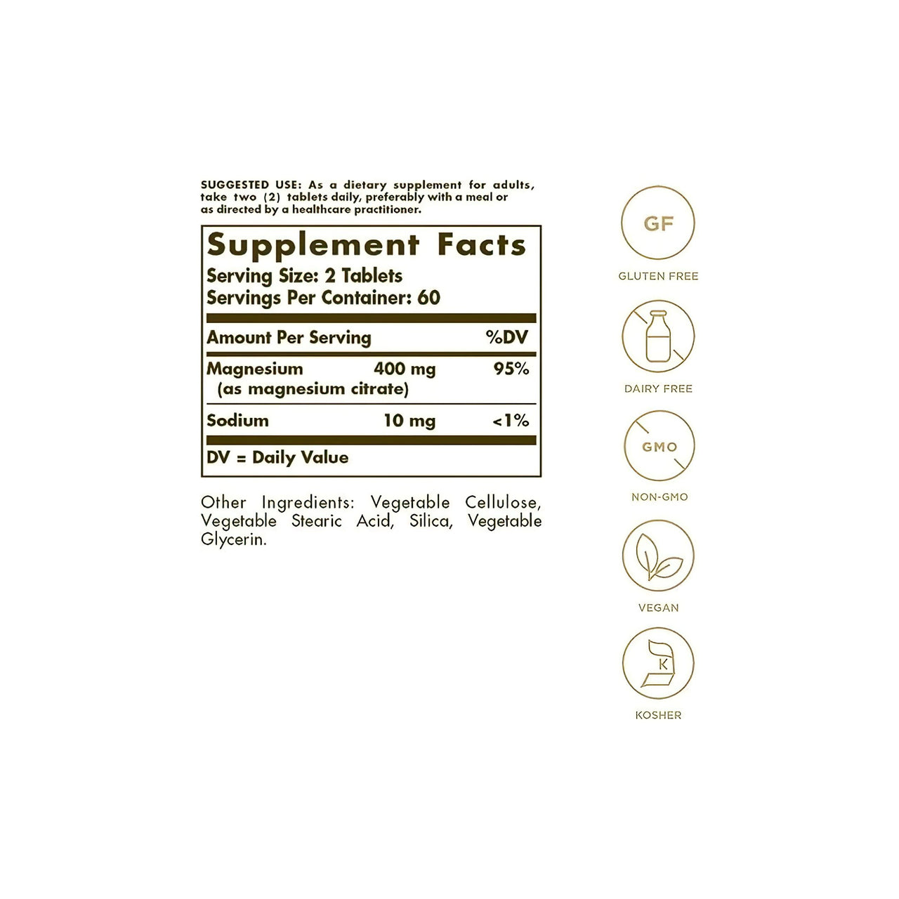 Un'etichetta che mostra gli ingredienti dell'integratore Solgar's Magnesium Citrate 200 mg 120 Tablets.