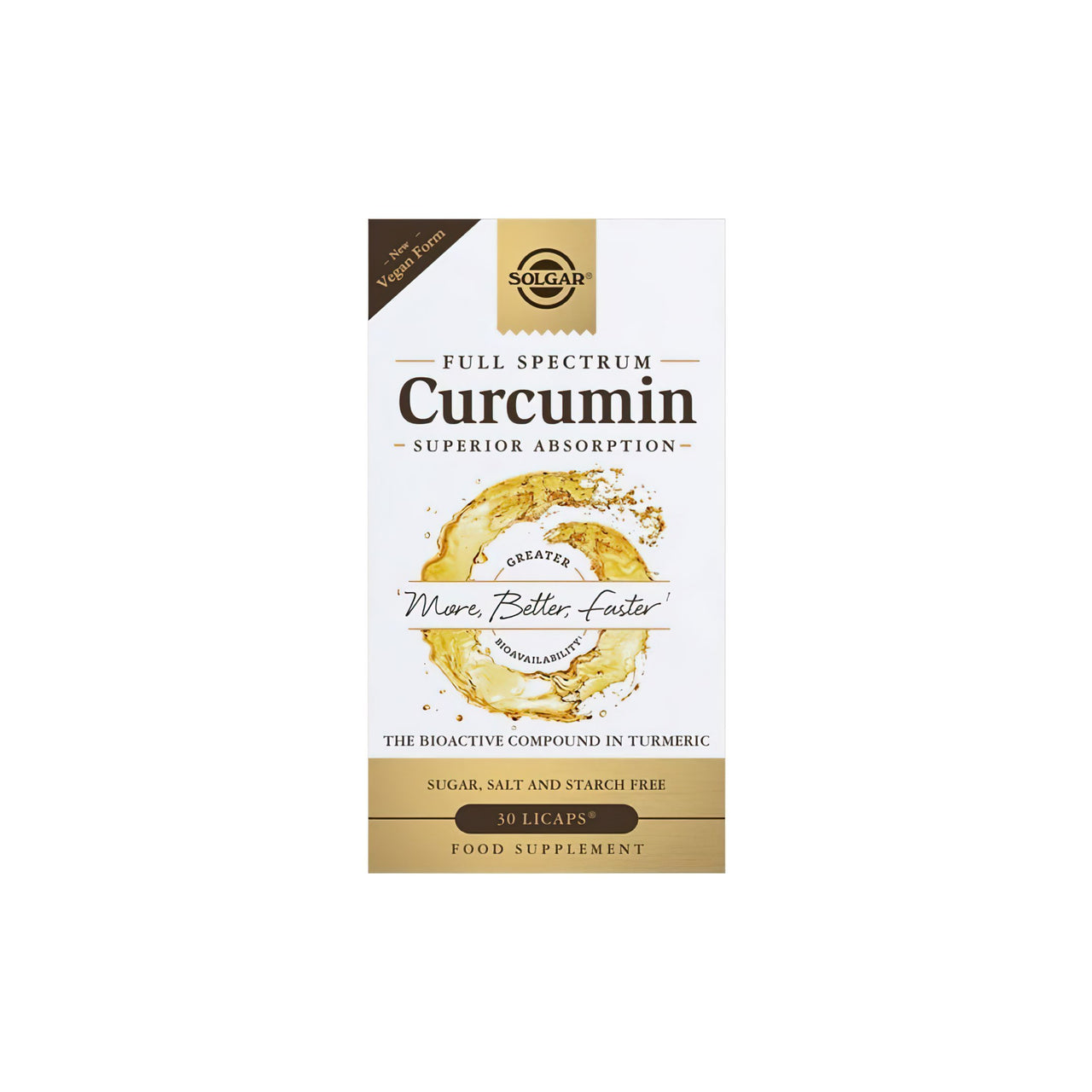 Una confezione di Full Spectrum Curcumin 30 Liquid Extract Softgel con etichetta oro di Solgar.