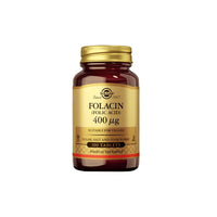 Thumbnail for A bottle of Solgar Folacin (Folic Acid) 400 mcg dietary supplement for prenatal health, clearly labeled as sugar, salt, and starch free, containing 100 tablets.