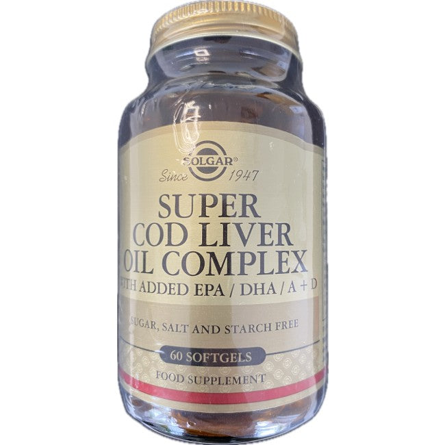 Un flacone di Super Cod Liver Oil Complex 60 Softgels di Solgar, contenente 60 softgel ricchi di acidi grassi Omega-3, EPA, DHA, vitamine A e D3. L'etichetta afferma che è privo di zucchero, sale e amido.
