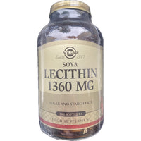 Thumbnail for A bottle of Solgar Soya Lecithin 1360 mg 180 Softgels, promotes heart function and brain health. The label states it is sugar and starch-free and is a food supplement.