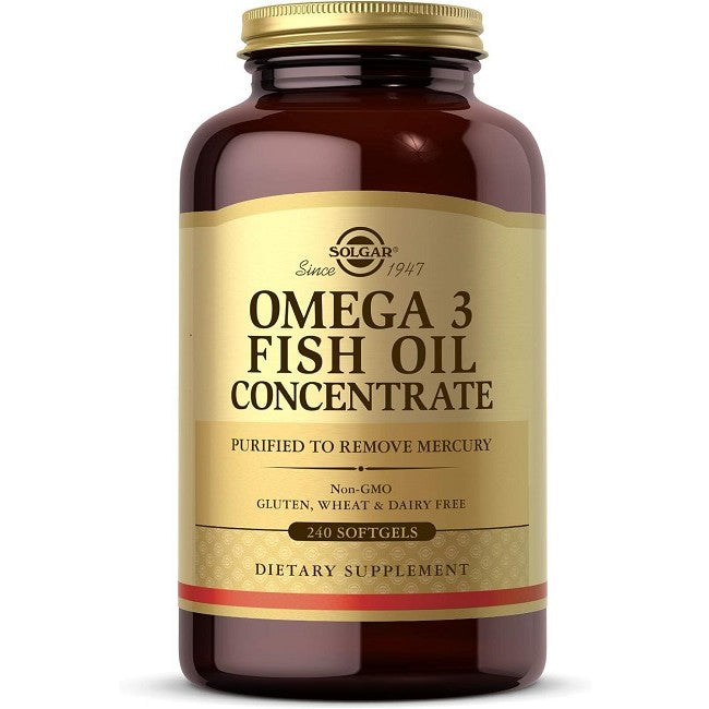 Una bottiglia di Solgar Concentrato di olio di pesce Omega-3 240 Softgels, etichettato come privo di mercurio, non OGM e privo di glutine, grano e latticini contenente 240 softgel.