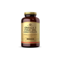 Miniatura per Una bottiglia di Solgar Integratore alimentare Omega-3 Fish Oil Concentrate 240 Softgels, etichettato come senza glutine e senza mercurio, su un semplice sfondo bianco.