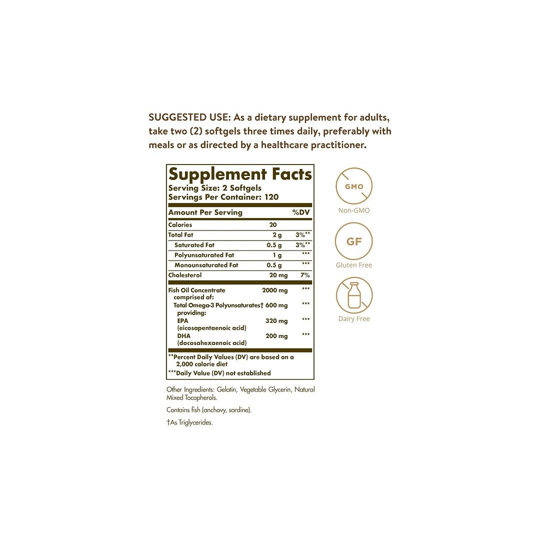 Etichetta di Solgar Omega-3 Fish Oil Concentrate 240 Softgels evidenziano la salute cardiovascolare, mostrando le dimensioni della porzione, i nutrienti, gli ingredienti e le istruzioni per l'uso suggerite.