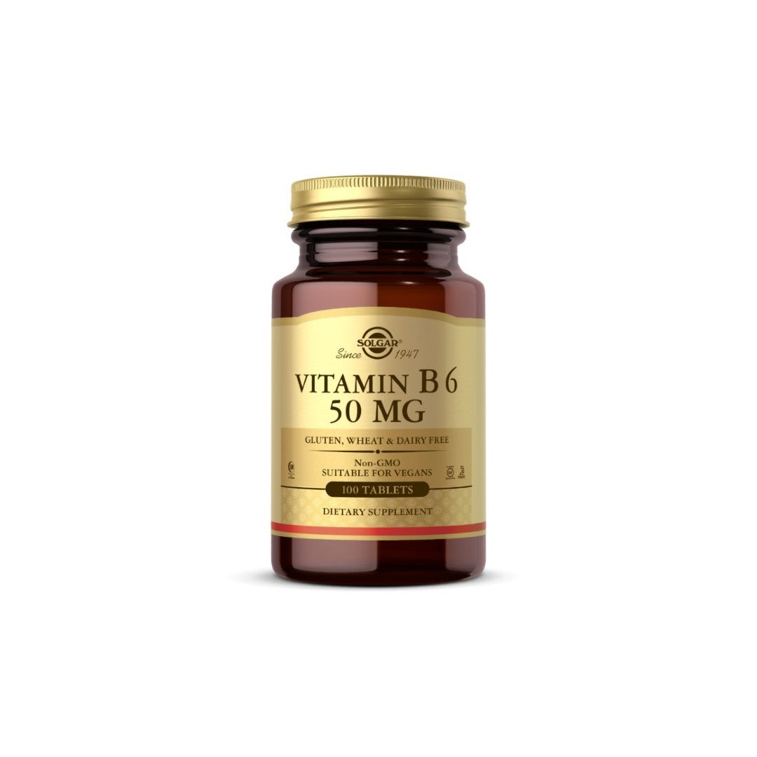 A bottle of Solgar Vitamin B6 50 mg 100 Tablets dietary supplement. The label indicates it is gluten, wheat, and dairy free with 100 tablets per bottle. Vitamin B6 supports the immune system and metabolism for overall well-being.