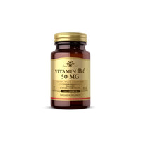Thumbnail for A bottle of Solgar Vitamin B6 50 mg 100 Tablets dietary supplement. The label indicates it is gluten, wheat, and dairy free with 100 tablets per bottle. Vitamin B6 supports the immune system and metabolism for overall well-being.