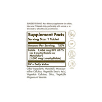 Thumbnail for Image of a supplement label describing a Folate 1000 mcg (Metafolin® 1,000 mcg) tablet from Solgar, highlighting its dosage, gluten-free and dairy-free properties, and other ingredients.