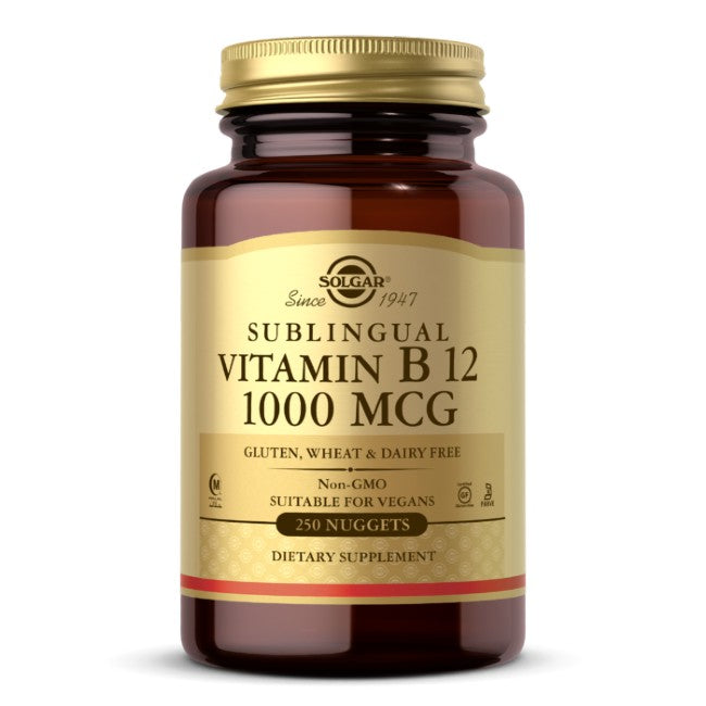A bottle of Solgar Vitamin B12 (Cyanocobalamin) 1000 mcg 250 Nuggets dietary supplement. The label indicates it is gluten, wheat, and dairy-free, non-GMO, and suitable for vegans. This powerful formula supports energy production and promotes nervous system health.
