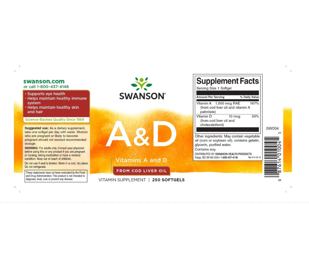 Label of Swanson's Vitamins A (1500 mcg) and D (10 mcg), highlighting dosage information, supplement facts, suggested use, vision health benefits, immune system function support, and company contact details. Contains 250 softgels.