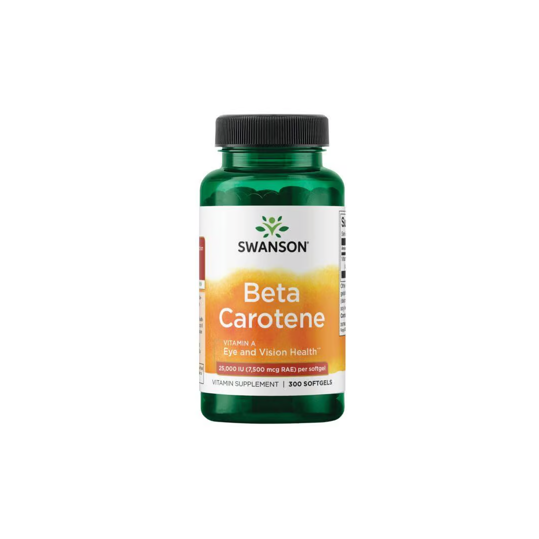 Swanson's Beta-Carotene (Vitamin A) provides 25000 IU with 300 softgels, aimed at supporting eye and vision health.