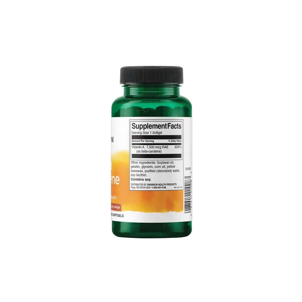Flacone di integratore alimentare Swanson Beta-Carotene - 25000 IU 300 softgels Vitamina A su sfondo bianco.