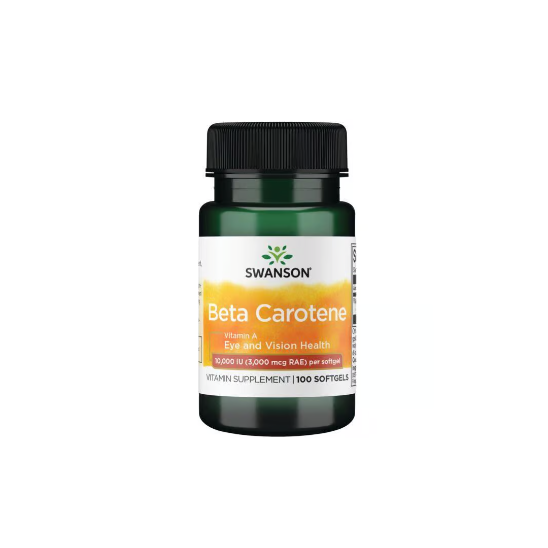 Swanson Beta-Carotene supplement, 10000 IU Vitamin A, promotes eye and immune health and comes with 100 softgels. It features a green cap and a yellow label.