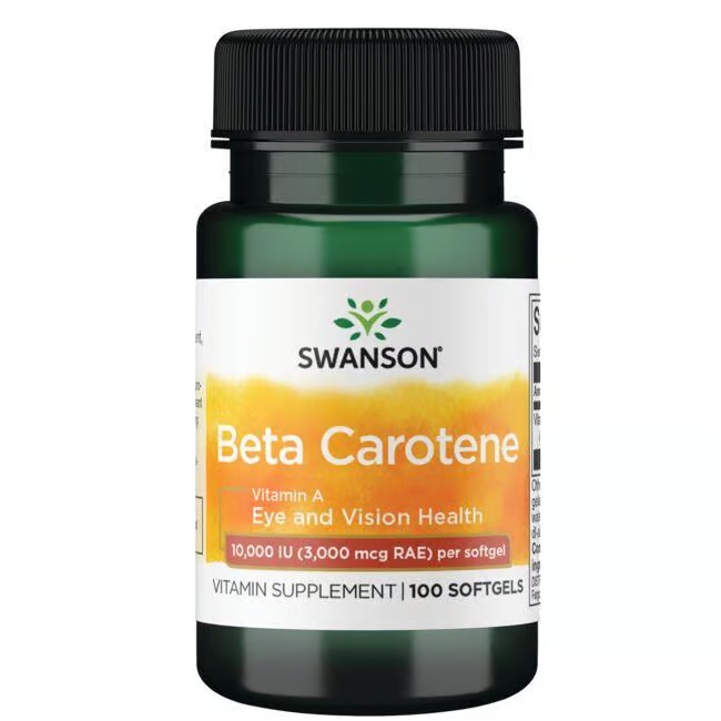 Swanson's Beta-Carotene (Vitamin A), with 100 softgels at 10,000 IU each, is expertly designed to support vision and skin health.