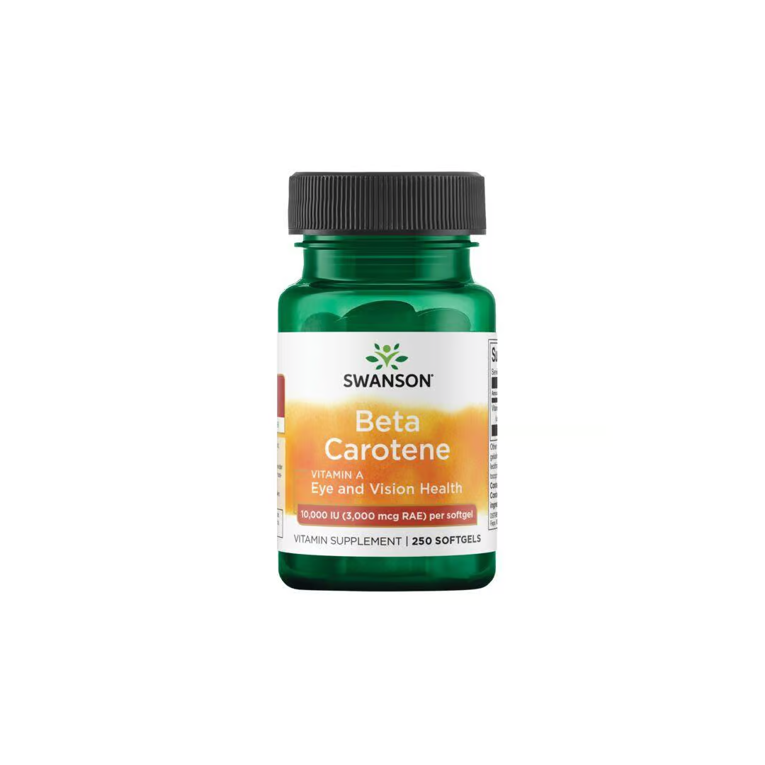 Swanson’s Beta-Carotene (Vitamin A) 10000 IU green bottle contains 250 softgels, supporting eye, vision, and skin health.