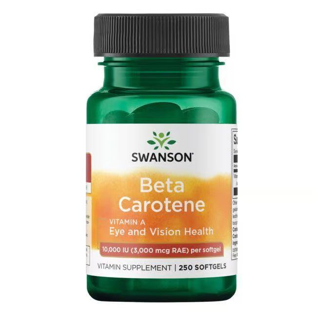 A green bottle labeled "Swanson Beta-Carotene (Vitamin A)" includes 250 softgels, each providing 10,000 IU to aid vision and skin health.